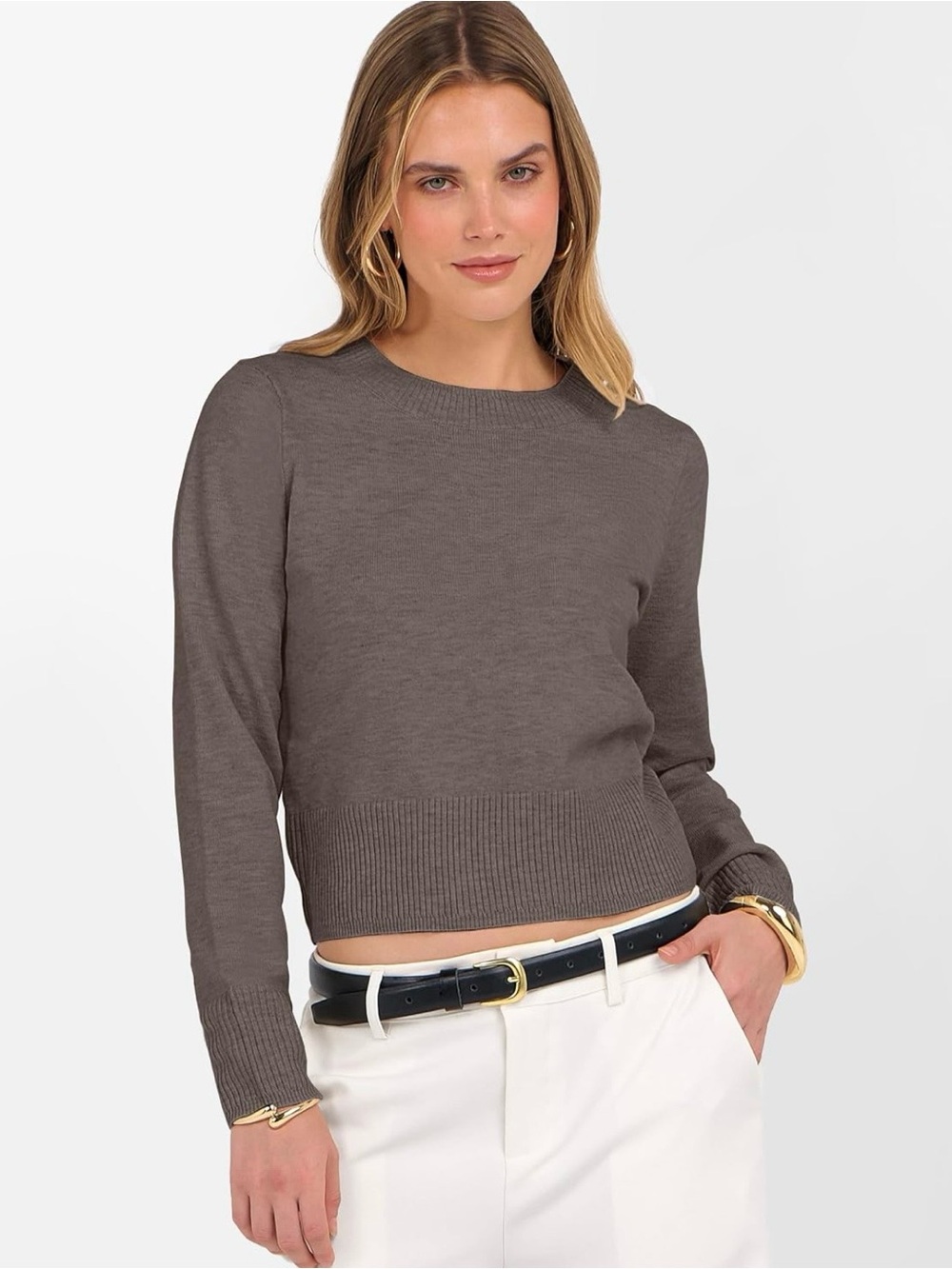 Classic Crewneck Knit Sweater in Taupe